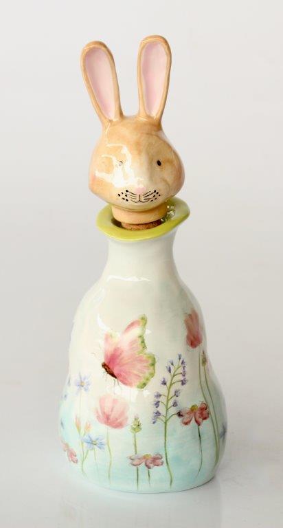 Medium Ceramic Bottle Bunny Head Green & Butterfly Design